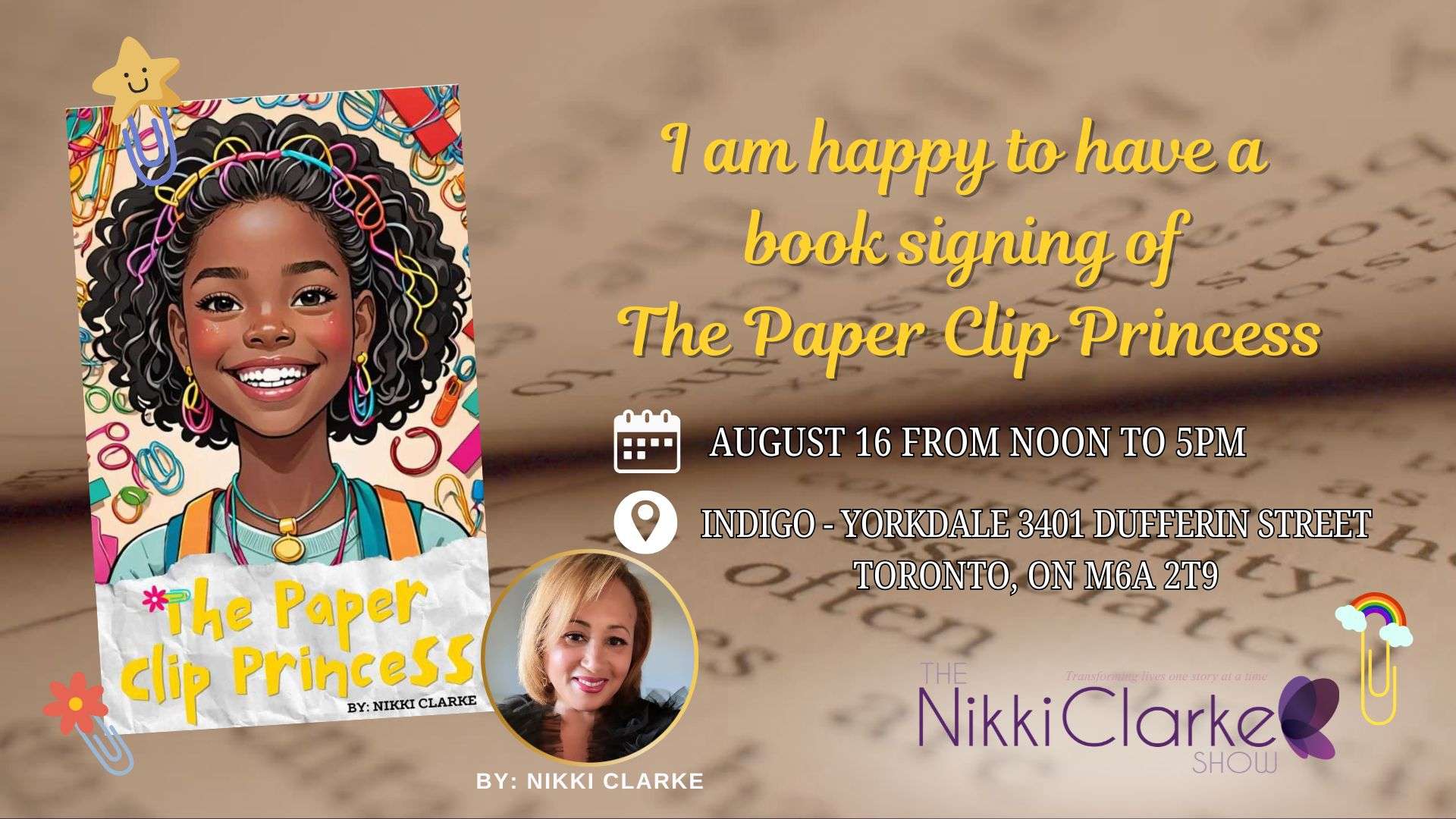 The Paper Clip Princess booking siging at Indigo Yorkdale Mall