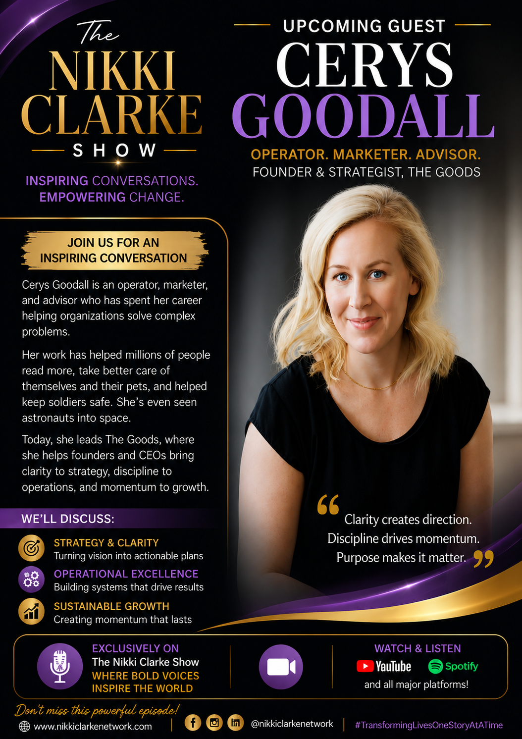 Nikki Clarke Show upcoming guest Cerys Goodall